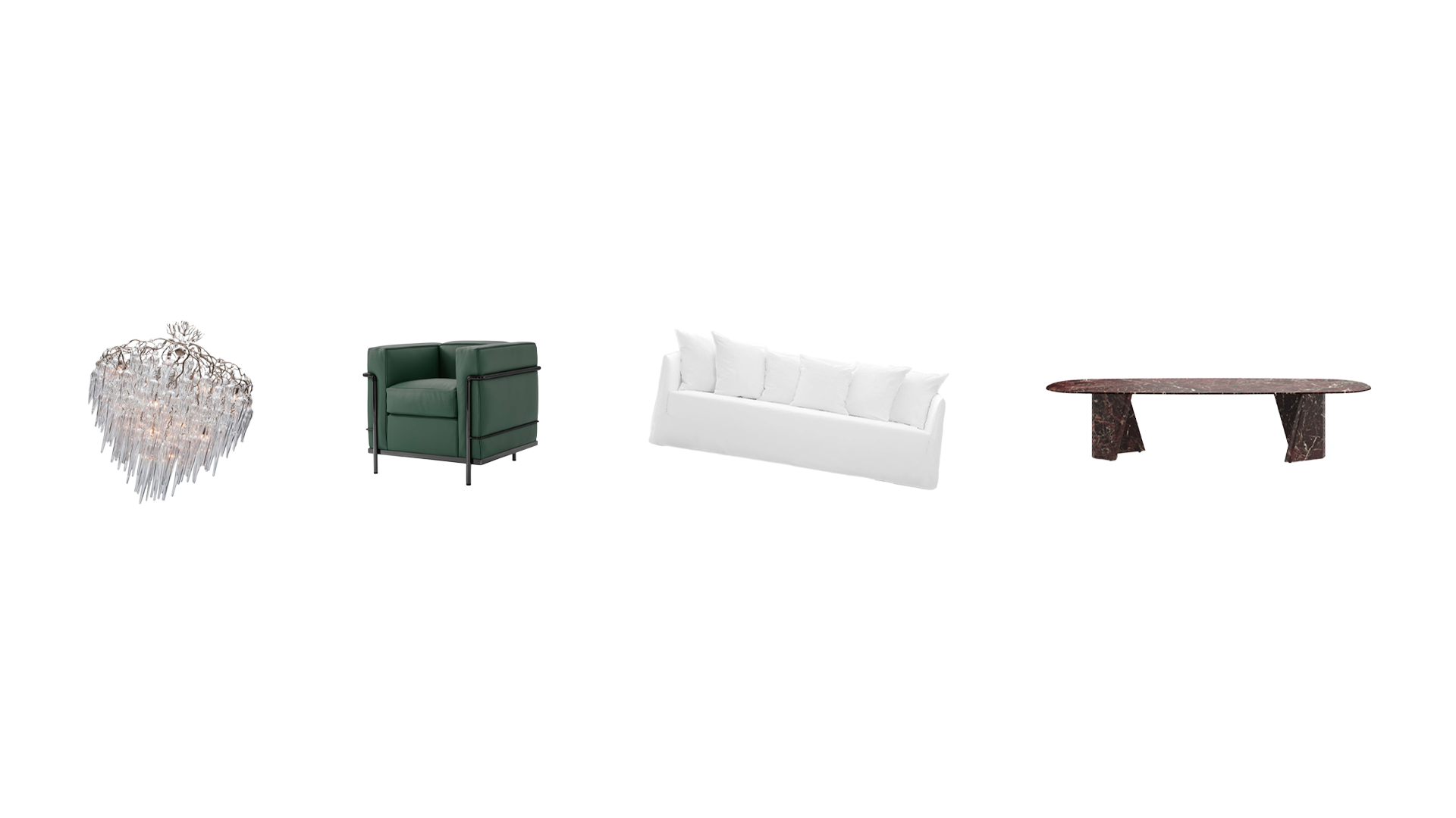 Modern chandelier, green armchair, white sofa with pillows, and rectangular brown coffee table.